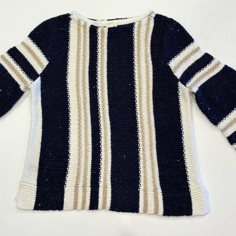 Chico’s Elin Shine Striped Pullover Sweater – Navy Gold Knit 3/4 Sleeve 1